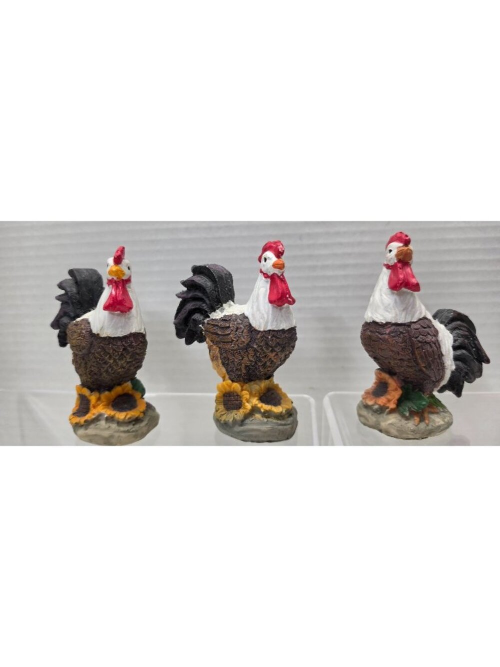 Set of 3 Rooster Figurines Sunflower Farmhouse Kitchen Decor Resin Chicken Lot